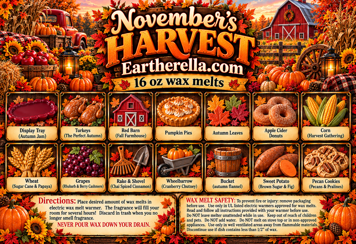 
                  
                    NOVEMBER'S HARVEST themed SUBSCRIPTION BOX: Fun shaped Wax Melts | 1 lb | 16 oz
                  
                