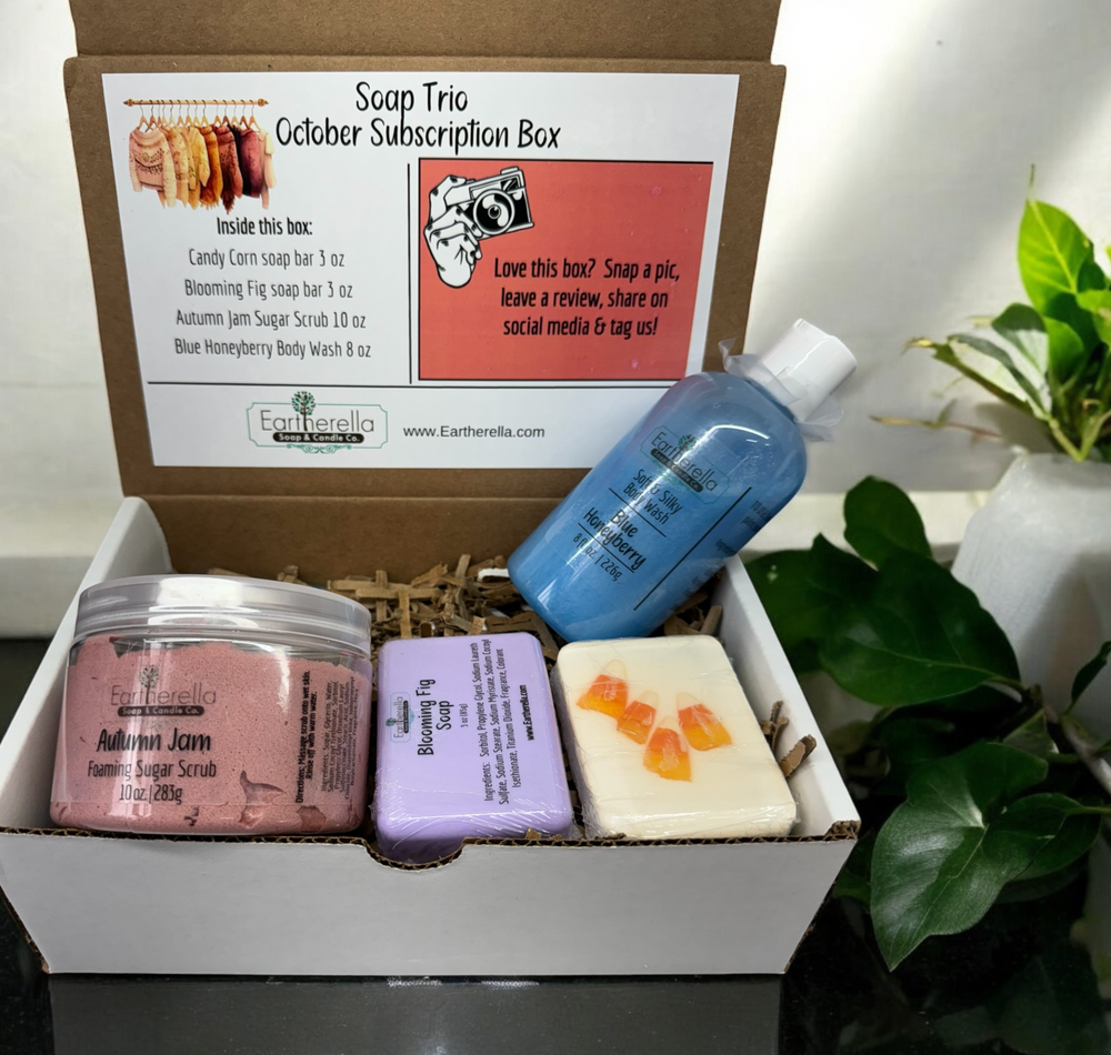 SOAP TRIO SUBSCRIPTION BOX: Soap bars, body wash, sugar scrub