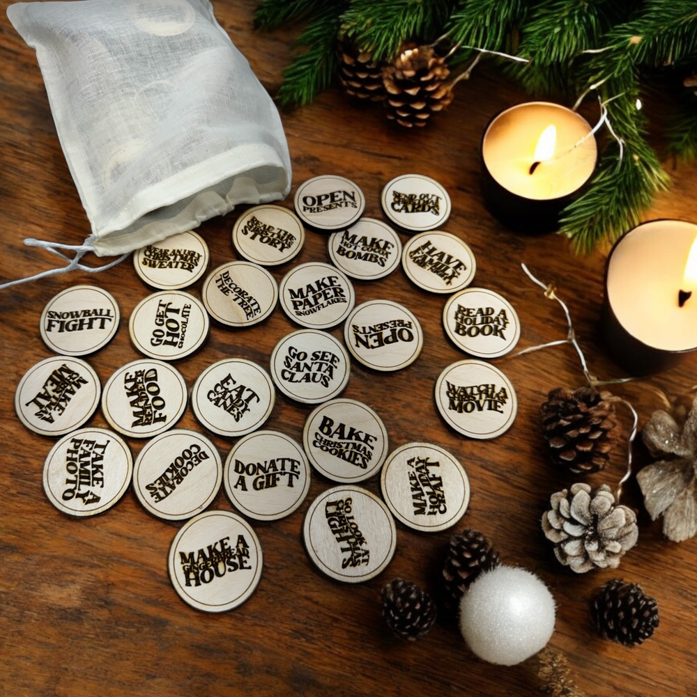 Kids Christmas Activity Coins with bag | Wood Coins