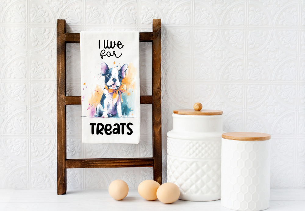 I LIVE FOR TREATS Boston Terrier dog Microfiber kitchen towel 16x24