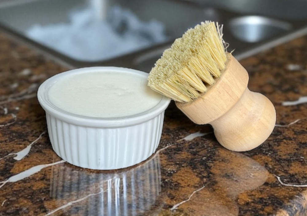 Solid DISH SOAP in ramekin with cleaning brush 4.5 oz